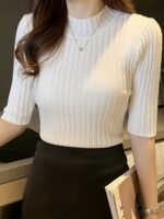 Women'S Elegant Rib-Knit T-Shirt, Polyester 100% Skinny Fit Half Sleeve Tops, Solid Crew Neck Knit Pullovers, All-Season Stretchy T-Shirt With Pleated Hem, 350G/M? Fabric Weight - Image 7