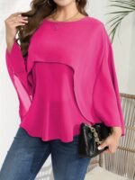 Women'S Plus Size Elegant Crew Neck Shirt, Solid Color Polyester 100%, Non-Stretch Woven Fabric, Versatile Blouse For Spring/Summer/Fall