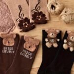 3 Pairs Women'S Mid-Calf Socks With Cartoon Bear & Floral Design - Ribbed, Soft Polyester Blend, Brown & Black, Perfect For Fall & Winter, Cute Socks - Image 2