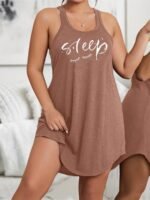 Plus Size Basic Loungewear Dress, Women'S Plus Eyelash & Letter Print Scoop Neck Racer Back Curve Hem Tank Sleep Dress - Image 8