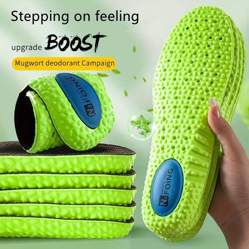 product-Fancyalgo-VirtualModelMatting-6bfc401c23ccc15d366f664aecaaf3fa.jpg 1Pair Sports Shock Absorption Insoles, Breathable Green Memory Foam Shoes Pads - Image 1