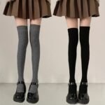 1/2/3 Pairs Women'S Japanese Vertical Stripe Thigh-High Socks - Thick Insulation Winter Warmth, Black & Grey Solid Color, Durable Comfort Fit For Casual & Formal Outfits, Versatile Legwear, Comfortable Wear - Image 11