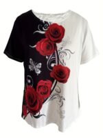 Rose Print Color Block T-Shirt, Casual Crew Neck Short Sleeve T-Shirt, Women'S Clothing - Image 7