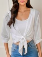 Women'S V-Neck Polyester Cardigan - Solid Color Half Sleeve Short Length With Lace-Up Detail, Non-Stretch Woven Fabric, Spring/Summer Lightweight Chiffon Sun-Protective Clothing - Image 4