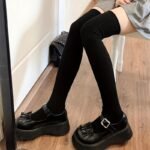 1/2/3 Pairs Women'S Japanese Vertical Stripe Thigh-High Socks - Thick Insulation Winter Warmth, Black & Grey Solid Color, Durable Comfort Fit For Casual & Formal Outfits, Versatile Legwear, Comfortable Wear - Image 6
