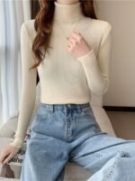 Turtleneck Rib Knit Sweater, Sexy Solid Slim Long Sleeve Sweawter, Women'S Clothing - Image 6