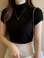 Women'S Slim Fit Short Sleeve Sweater - High Elasticity Round Neck Fish Tail Hem, 100% Polyester Solid Color Top For All-Season Layering & Casual To Formal Wear - Image 4