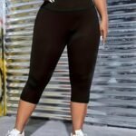 Plus Size Sports Leggings, Women'S Plus Solid Wide Waistband High Stretch Gym Yoga Capri Leggings