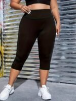 Plus Size Sports Leggings, Women'S Plus Solid Wide Waistband High Stretch Gym Yoga Capri Leggings