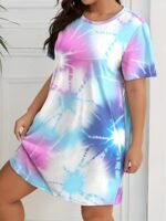 Plus Size Casual Nightdress, Women'S Plus Tie Dye Short Sleeve Round Neck Tee Sleep Dress - Image 10