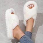 Women'S Platform Fuzzy House Slippers, Open Toe Criss Cross Solid Color Casual Home Slides, Women'S Indoor Flat Comfy Shoes