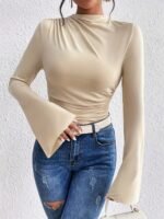 Solid Color Crew Neck T-Shirt, Casual Flare Sleeve T-Shirt For Spring & Fall, Women'S Clothing - Image 3