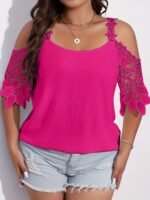 Plus Size Elegant Blouse, Women'S Plus Solid Contrast Floral Jacquard Cold Shoulder Semi Sheer Short Sleeve Top - Image 10