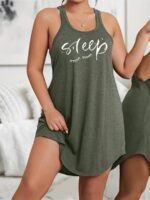 Plus Size Basic Loungewear Dress, Women'S Plus Eyelash & Letter Print Scoop Neck Racer Back Curve Hem Tank Sleep Dress - Image 7