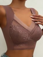 Qvr Seamless Lace Bralette - Full Coverage, Wireless, Push-Up With Scalloped Neckline & Floral Lace Detail, Comfortable Nylon Blend, Non-See-Through - Elegant Brown, Casual Lingerie|Floral Lace Design|Nylon Blend Fabric