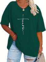 Plus Size - Women'S Plus Size V-Neck Casual T-Shirt - Short Sleeve, White With Black Letter Print, Lightweight Summer Tee For Casual Attire, Ladies T Shirts - Image 8