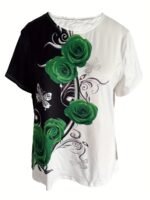 Rose Print Color Block T-Shirt, Casual Crew Neck Short Sleeve T-Shirt, Women'S Clothing - Image 10