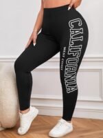 Plus Size, Women'S California West Coast Letter Print Leggings - Tight-Fit Casual Pants, Black With White Lettering, Spring/Fall Machine Washable, Leggings, Casual Attire, Snug Fitting, Lounge Pants, Trendy Pants, Durable Fabric, Enthusiasts - Image 3
