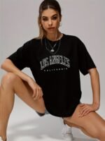 Solid Color Letter Print Casual Sports T Shirt, Soft Crew Neck Short Sleeve Tee, Women'S Clothing - Image 5