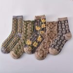 5-Pack Women'S Mid-Calf Socks - Embossed Floral & Lace Design, Breathable Ribbed Cuffs, Assorted Colors (Olive Green, Grey, Black, Brown, Navy) For Casual & Dressy Occasions - Image 9