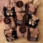 3 Pairs Women'S Mid-Calf Socks With Cartoon Bear & Floral Design - Ribbed, Soft Polyester Blend, Brown & Black, Perfect For Fall & Winter, Cute Socks - Image 3
