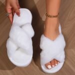 Women'S Plush Cross-Strap Slip-On Slippers With Non-Slip Eva Sole - All-Season Indoor/Outdoor House Shoes For Home, Postpartum & Casual Wear (Pink/White/Black/Lavender), Ladies Slippers, Soft Plush Design, Fabric Upper And Insole - Image 3