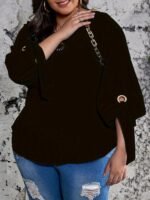 Plus Size Casual Top, Women'S Plus Solid Lantern Sleeve Round Neck Round Hem Knot Tunic Top - Image 4