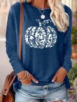 Halloween Pumpkin Print Tee, Casual Long Sleeve Crew Neck T-Shirt, Women'S Clothing - Image 2