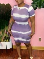 Plus Size Casual Dress, Women'S Plus Tie Dye Short Sleeve Slim Fit Mini Dress - Image 3