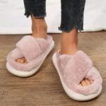 Women'S Platform Fuzzy House Slippers, Open Toe Criss Cross Solid Color Casual Home Slides, Women'S Indoor Flat Comfy Shoes - Image 10