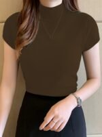 Women'S Slim Fit Short Sleeve Sweater - High Elasticity Round Neck Fish Tail Hem, 100% Polyester Solid Color Top For All-Season Layering & Casual To Formal Wear - Image 9