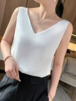 Velvet Boat Women?S Sleeveless V-Neck Tank Top - Soft Satin Finish, Loose Fit For Summer Layering, Lightweight & Breathable Polyester Blend, Elegant Solid Color Design, Breathable Clothing | Sleeveless Fashion | Satin Finish Top - Image 8