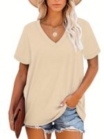 Plus Size, Plus Size Women'S V-Neck Short Sleeve T-Shirt - Elegant Casual Chic White Top, Soft Breathable Fabric, Machine Washable, All-Season Versatile Wardrobe Staple, Everyday Comfort, Vneck Tee, Relaxed Fit Shirt - Image 2
