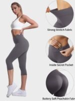 Women'S Plus Size Capri Leggings, High Waist Tummy Control, 4X Stretch, Pocket Detail, Solid Black, Knit Fabric, Polyester 92%, Spandex 8%, 210G/M?, All Season Skinny Yoga Pants - Image 6