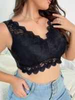 Plus Size Elegant Bra, Women'S Plus Contrast Floral Lace Scalloped Trim High Stretch Wide Strap Bralette - Image 4
