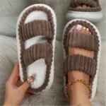 Women'S Double Straps Plush Slippers, Solid Color Open Toe Non Slip Comfy Slides Shoes, Fashion Indoor Platform Slippers - Image 9