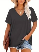 Plus Size, Plus Size Women'S V-Neck Short Sleeve T-Shirt - Elegant Casual Chic White Top, Soft Breathable Fabric, Machine Washable, All-Season Versatile Wardrobe Staple, Everyday Comfort, Vneck Tee, Relaxed Fit Shirt - Image 4