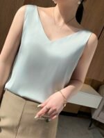Velvet Boat Women?S Sleeveless V-Neck Tank Top - Soft Satin Finish, Loose Fit For Summer Layering, Lightweight & Breathable Polyester Blend, Elegant Solid Color Design, Breathable Clothing | Sleeveless Fashion | Satin Finish Top - Image 3