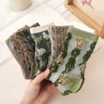 5 Pairs Of Women'S Mid-Calf Socks With A Vintage 3D Embossed Design, Cute Forest Style, Artistic, Trendy Long Socks Popular On Instagram. - Image 3