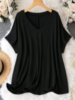 Plus Size Simple Solid T-Shirt, Casual V Neck Short Sleeve T-Shirt, Women'S Plus Size Clothing - Image 2