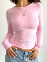 Women'S Sexy Solid Color Tight-Fit Long Sleeve Crop Top T-Shirt - Chic Crew Neck, Slim Fit For Spring/Fall, Olive Green, Casual Yet Stylish, Everyday Fashion | Ribbed Texture, Slim Fit Top | Crew Neck Shirt | Ribbed Texture Shirt, Ladies T Shirts - Image 5