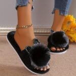 Women'S All-Season Slip-On Slippers With Plush Faux Fur Trim & Sparkling Embellishments - Soft Fabric Indoor House Shoes For Home, Lounge, Or Casual Wear, Cute Slippers, Loungewear Essentials, Playful Design, Durable Eva Sole - Image 9