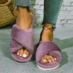 Women'S Plush Cross-Strap Slip-On Slippers With Non-Slip Eva Sole - All-Season Indoor/Outdoor House Shoes For Home, Postpartum & Casual Wear (Pink/White/Black/Lavender), Ladies Slippers, Soft Plush Design, Fabric Upper And Insole - Image 11