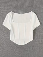 Solid Color Square Neck Bustier T-Shirt, Casual Short Sleeve Crop Knitted T-Shirt For Summer, Women'S Clothing - Image 10