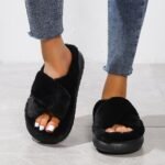 Women'S Platform Fuzzy House Slippers, Open Toe Criss Cross Solid Color Casual Home Slides, Women'S Indoor Flat Comfy Shoes - Image 6