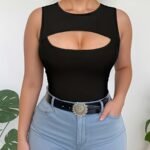 Solid Cut Out Tank Top, Sleeveless Crew Neck Casual Top, Women'S Clothing
