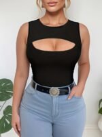 Solid Cut Out Tank Top, Sleeveless Crew Neck Casual Top, Women'S Clothing