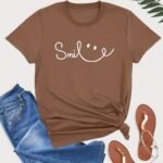 Plus Size Face Print Short Sleeve T-Shirt, Women'S Plus Slight Stretch Round Neck Casual Tee