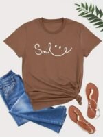 Plus Size Face Print Short Sleeve T-Shirt, Women'S Plus Slight Stretch Round Neck Casual Tee