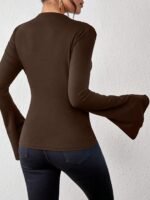 Solid Color Crew Neck T-Shirt, Casual Flare Sleeve T-Shirt For Spring & Fall, Women'S Clothing - Image 6